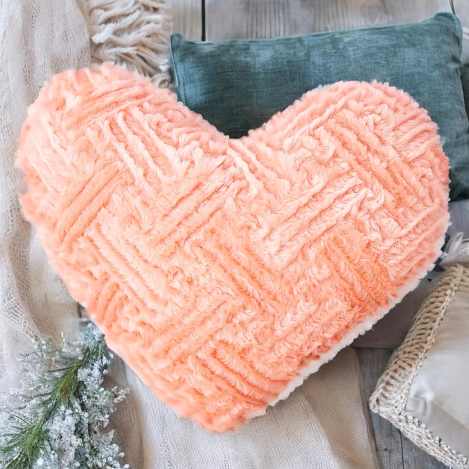 DaDa Bedding Heart Shaped Pillow Coral Peach Pink Faux Fur & Sherpa Soft Decorative Throw Pillow - 14x16 inches Coral Peach for Valentine's Day or Any Special Occasion-3