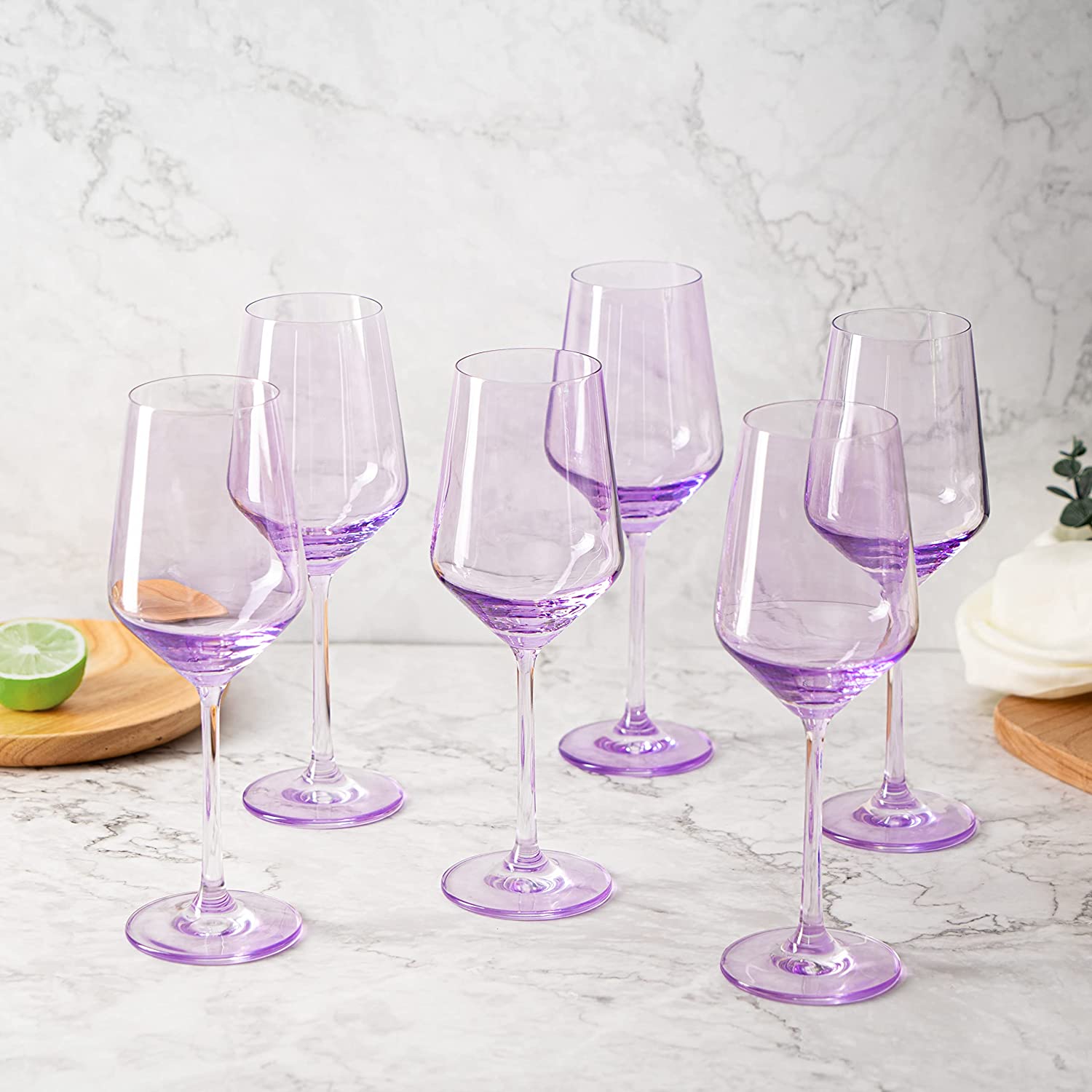 Set of 6 Colored Wine Glasses - 12 oz Hand Blown Italian Style (6, Lavender Purple)-1