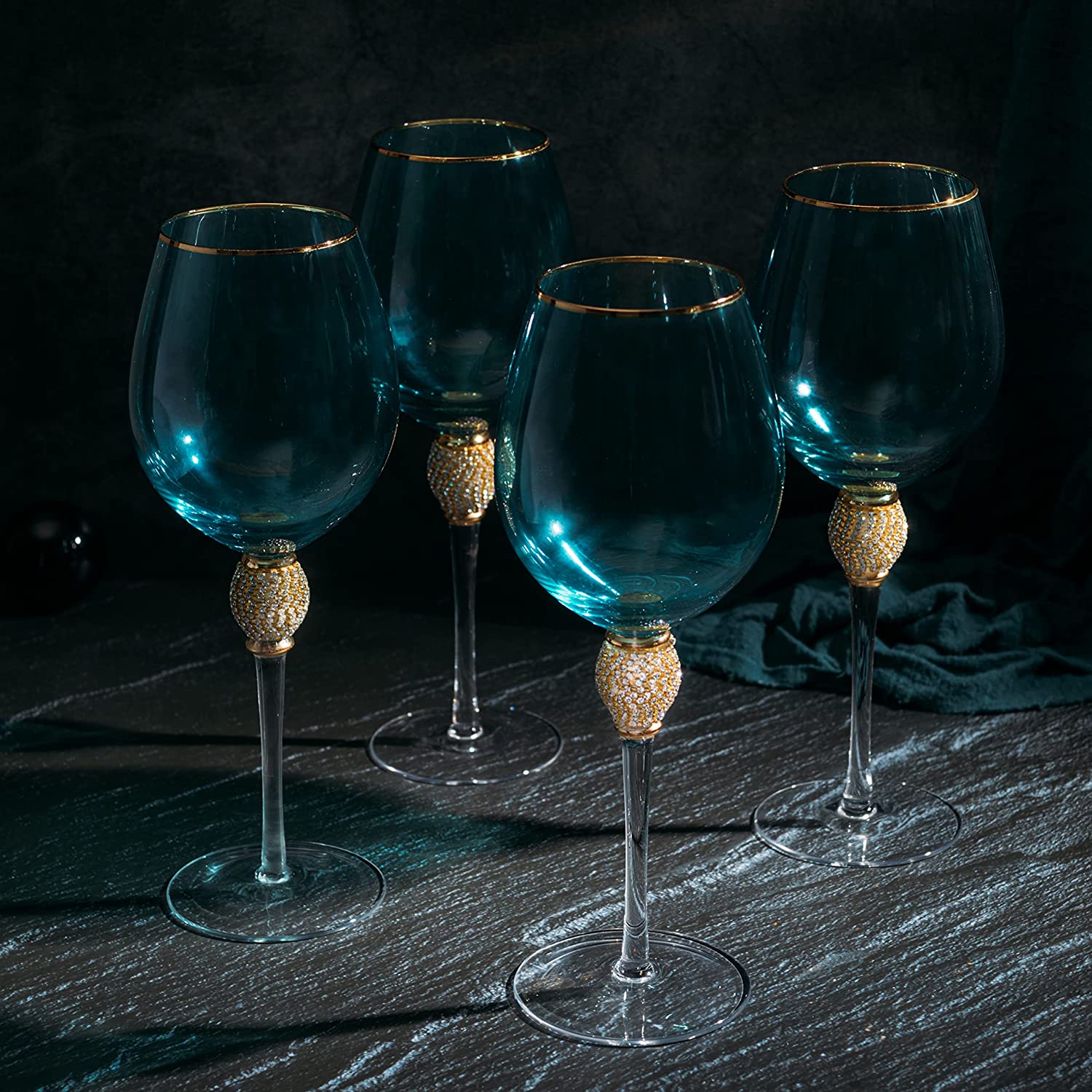 Large Diamond Wine Glasses, 10" H Gold Rim (4, Blue)-1