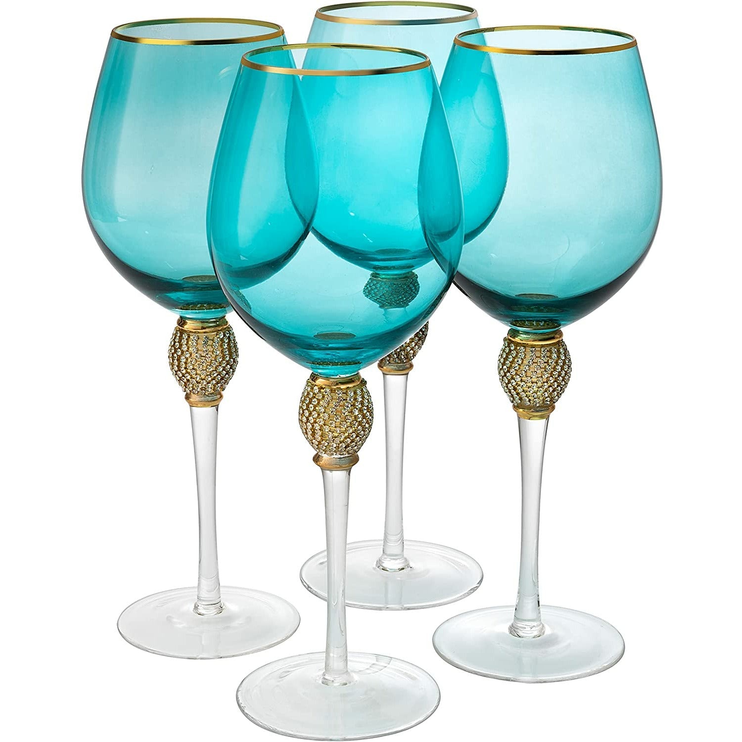 Large Diamond Wine Glasses, 10" H Gold Rim (4, Blue)-4