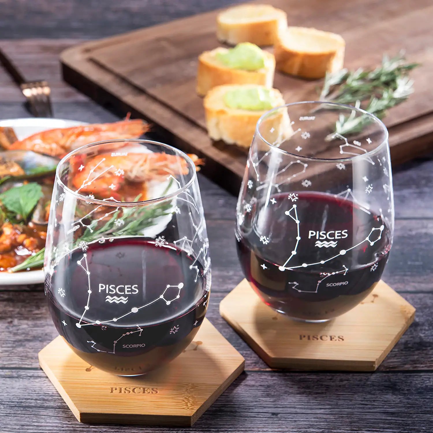Set of 2 Zodiac Sign Wine Glasses with 2 Wooden Coasters (Pisces)-1