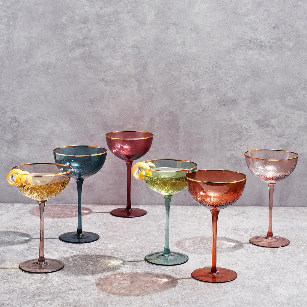 Vintage Art Deco Coupe for Champagne, Martini, Cocktails | Set of 6 | 7 oz (Muted)-3