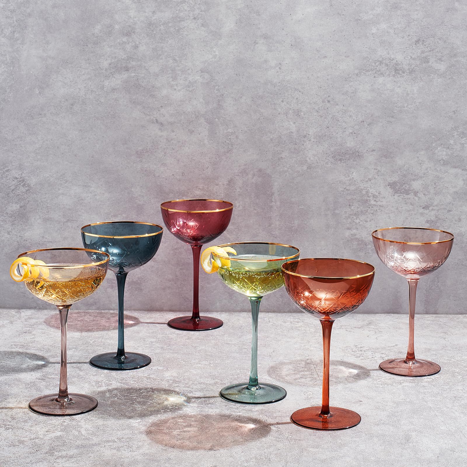 Vintage Art Deco Coupe for Champagne, Martini, Cocktails | Set of 6 | 7 oz (Muted)-3