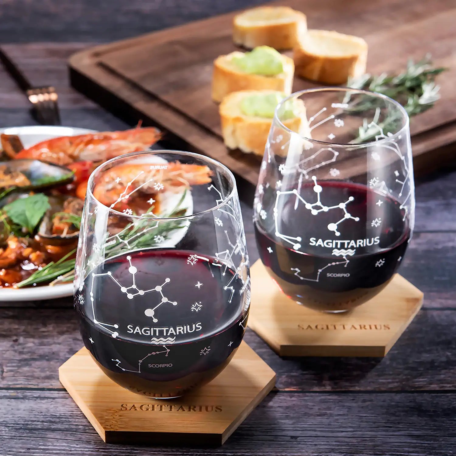 Set of 2 Zodiac Sign Wine Glasses with 2 Wooden Coasters (Sagittarius)-1