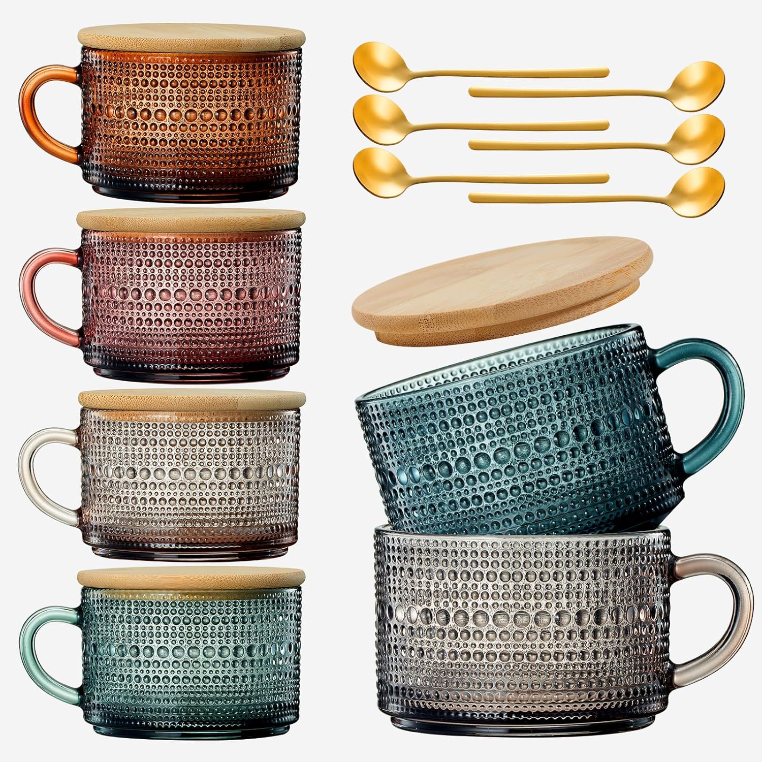 Vintage Colored Glass Coffee Mugs Set With Handles | Set of 6 | 15oz-0