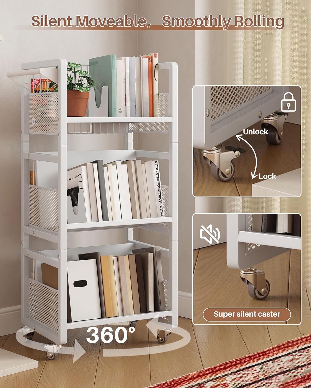 UMDONX Heavy-Duty Double-Sided Book Cart with Silent Wheels and 3 Magnetic Book Shelves, Rolling Book Shelf, Library Book Cart, Suitable for Home, Office, or School （White）-2