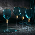 Large Diamond Wine Glasses, 10" H Gold Rim (4, Blue)-2