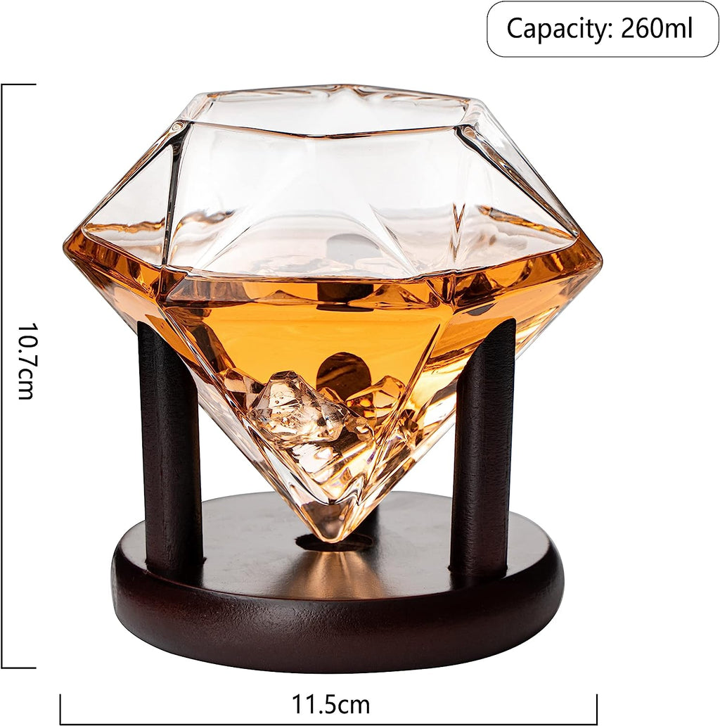 Set of 4 Diamond Whiskey & Wine Glasses With Wood Stands 10oz-3