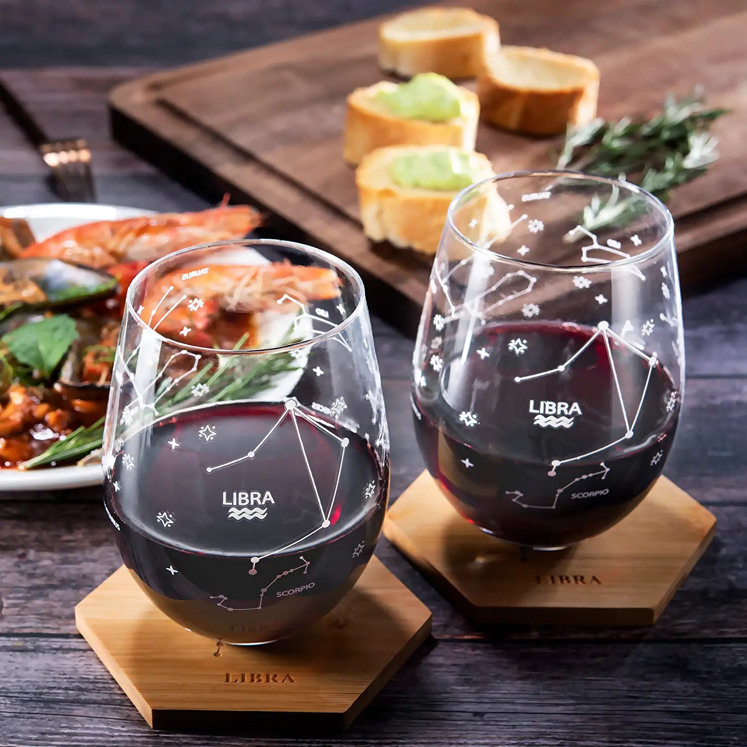 Set of 2 Zodiac Sign Wine Glasses with 2 Wooden Coasters (Libra)-1