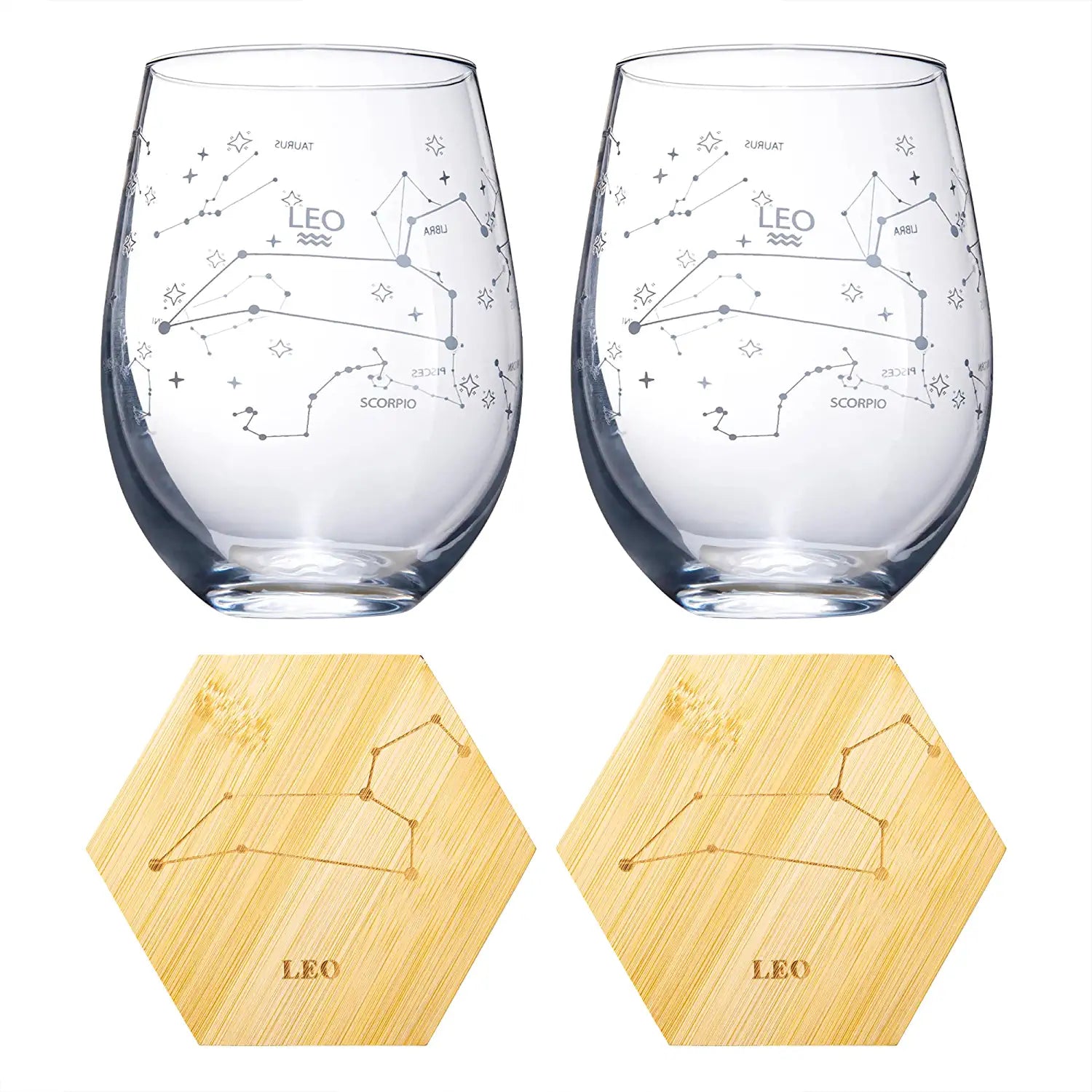 Set of 2 Zodiac Sign Wine Glasses with 2 Wooden Coasters (Leo)