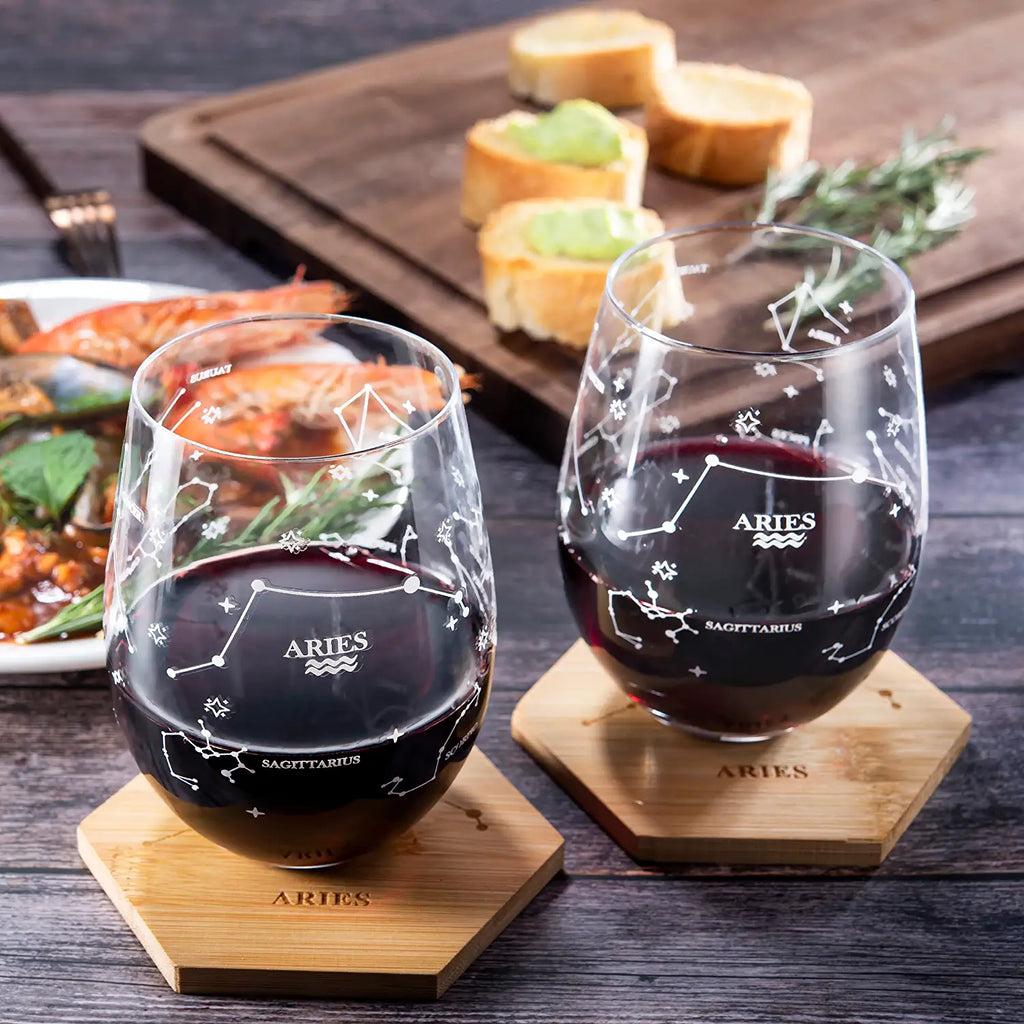 Set of 2 Zodiac Sign Wine Glasses with 2 Wooden Coasters (Aries)-1