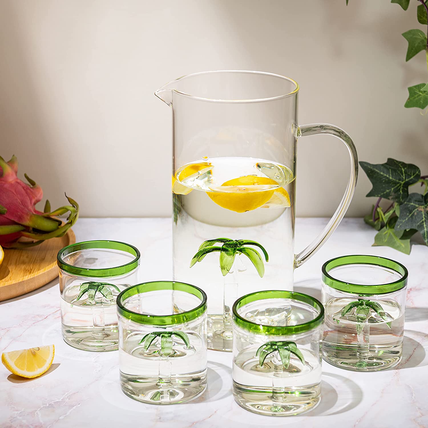Palm Tree Pitcher & 4 Glasses Set Decanter, 9 oz-1