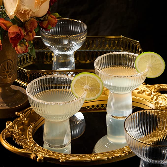 Ribbed Stemless Margarita Glasses with Gold Rim - Set of 4 (10 OZ)-1