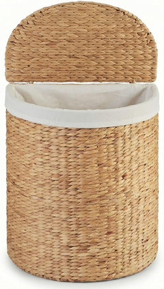 DEILSY Half Moon Laundry Hamper with Lid and Removable Liner Bag - Natural, Woven Water Hyacinth Laundry Basket for Clothes and Towels