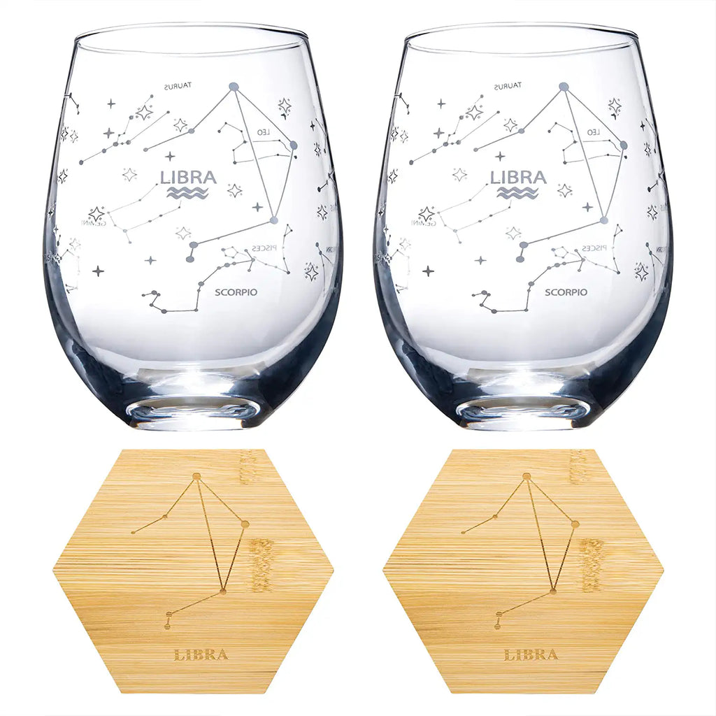 Set of 2 Zodiac Sign Wine Glasses with 2 Wooden Coasters (Libra)-4