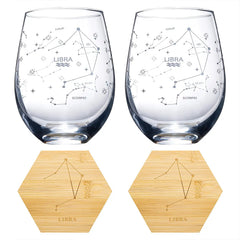 Set of 2 Zodiac Sign Wine Glasses with 2 Wooden Coasters (Libra)-4