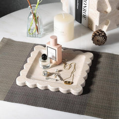 7.9" Scalloped Travertine Natural Stone Jewelry Dish and Catchall Tray
