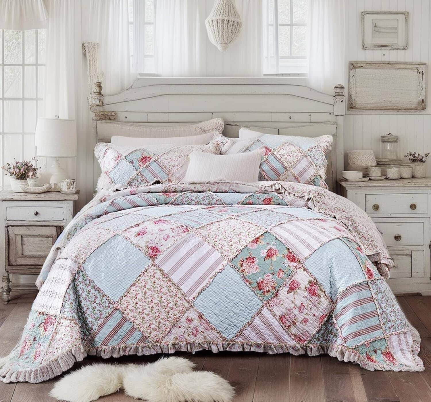 DaDa Bedding Hint of Mint Pastel Cotton Patchwork Quilt Set-0