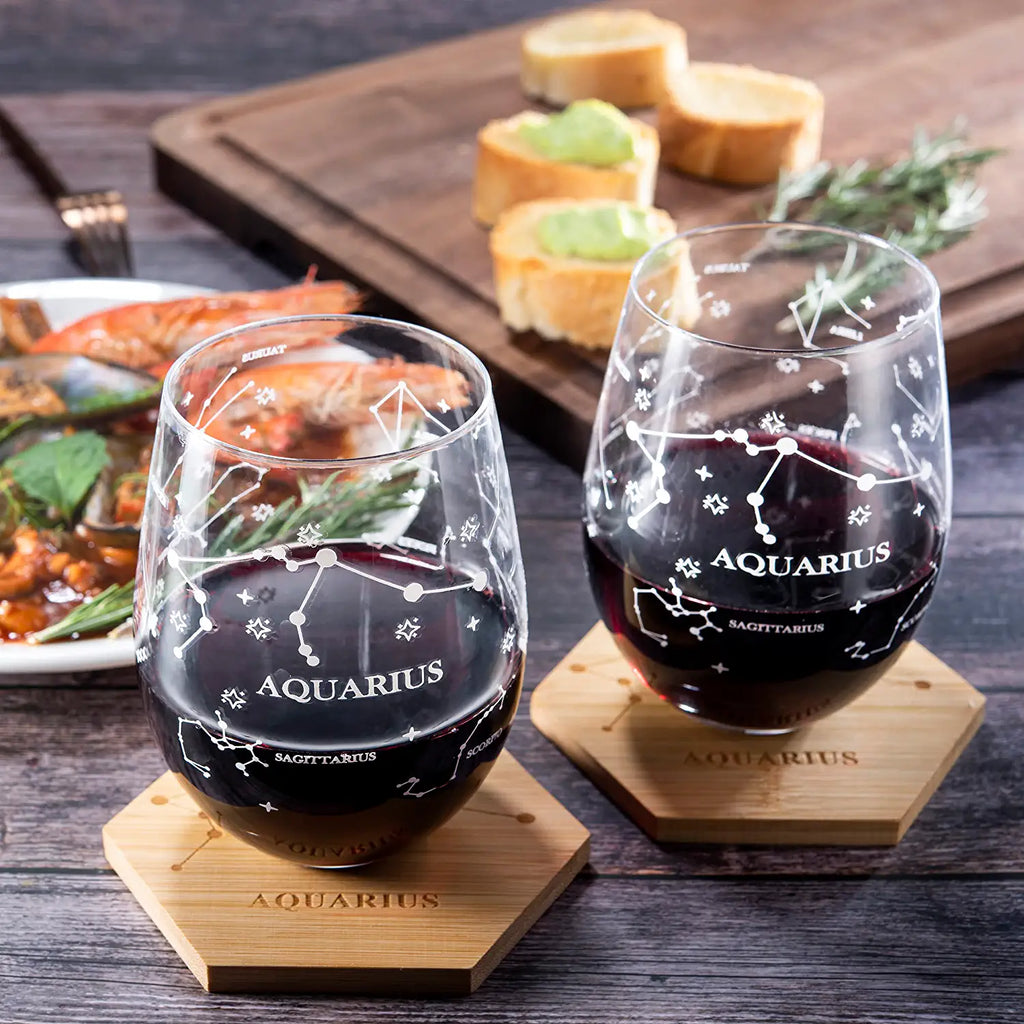 Set of 2 Zodiac Sign Wine Glasses with 2 Wooden Coasters (Aquarius)-1