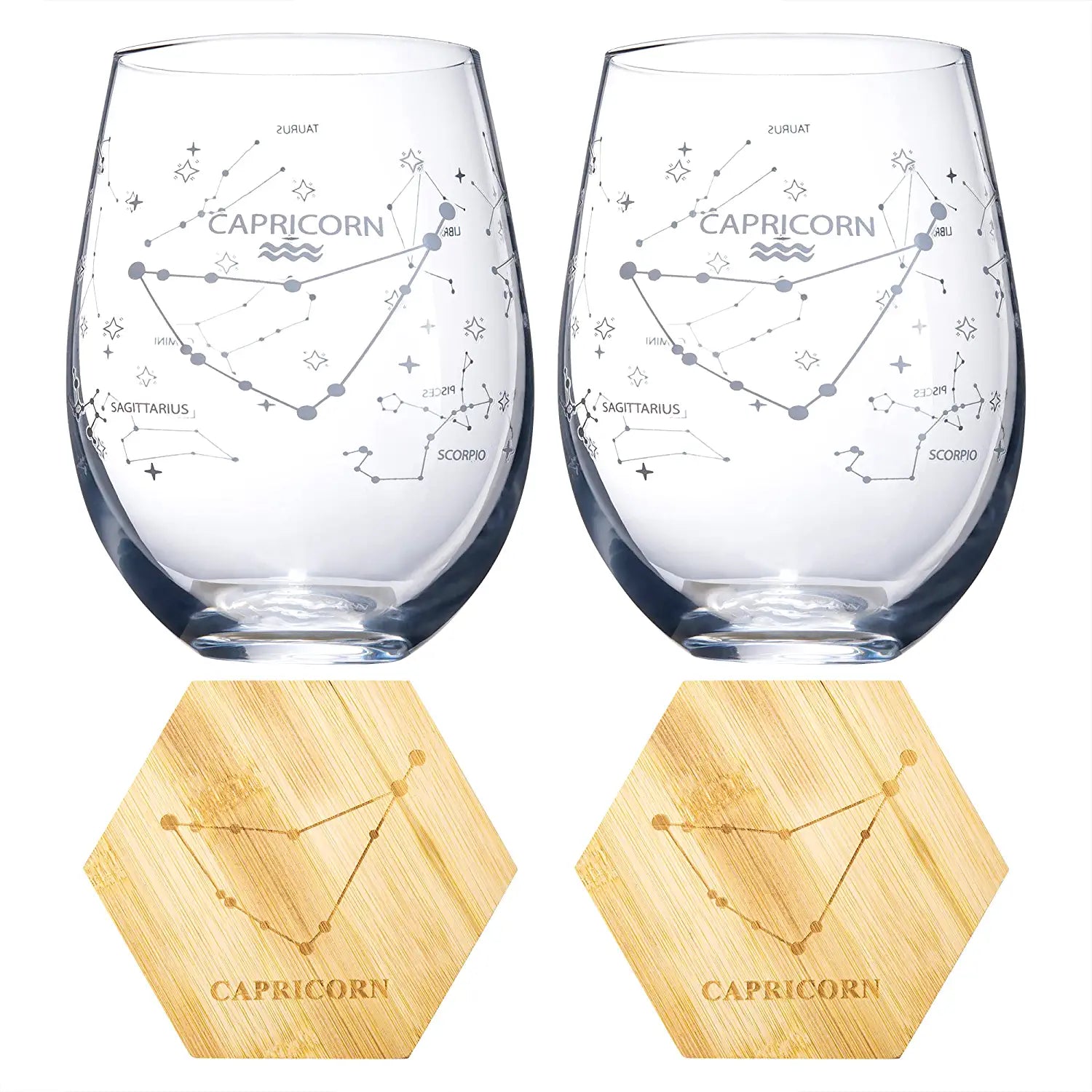 Set of 2 Zodiac Sign Wine Glasses with 2 Wooden Coasters (Capricorn)-4