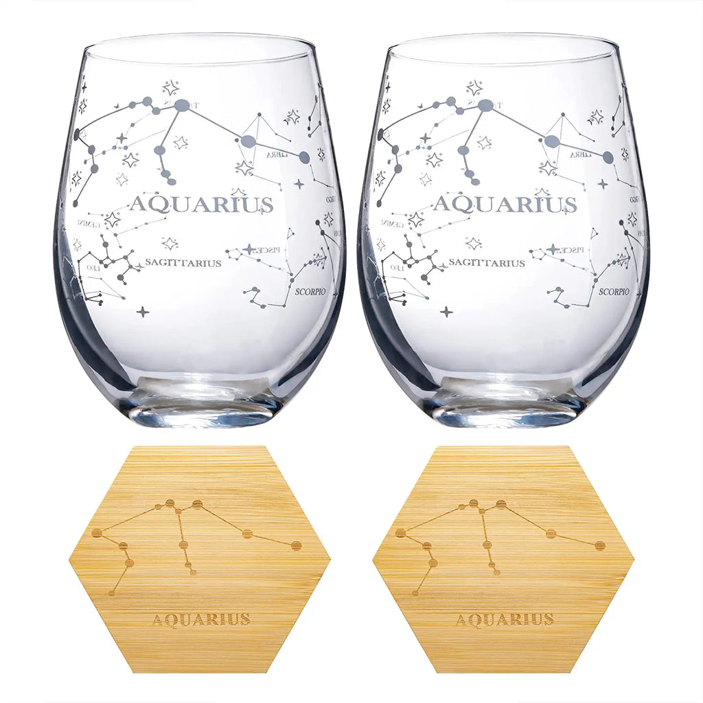 Set of 2 Zodiac Sign Wine Glasses with 2 Wooden Coasters (Aquarius)-4