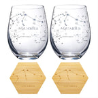 Set of 2 Zodiac Sign Wine Glasses with 2 Wooden Coasters (Aquarius)-4