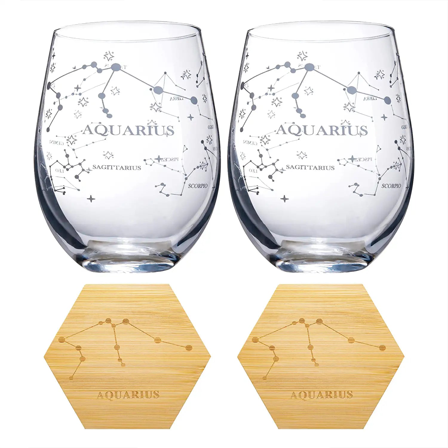 Set of 2 Zodiac Sign Wine Glasses with 2 Wooden Coasters (Aquarius)-4