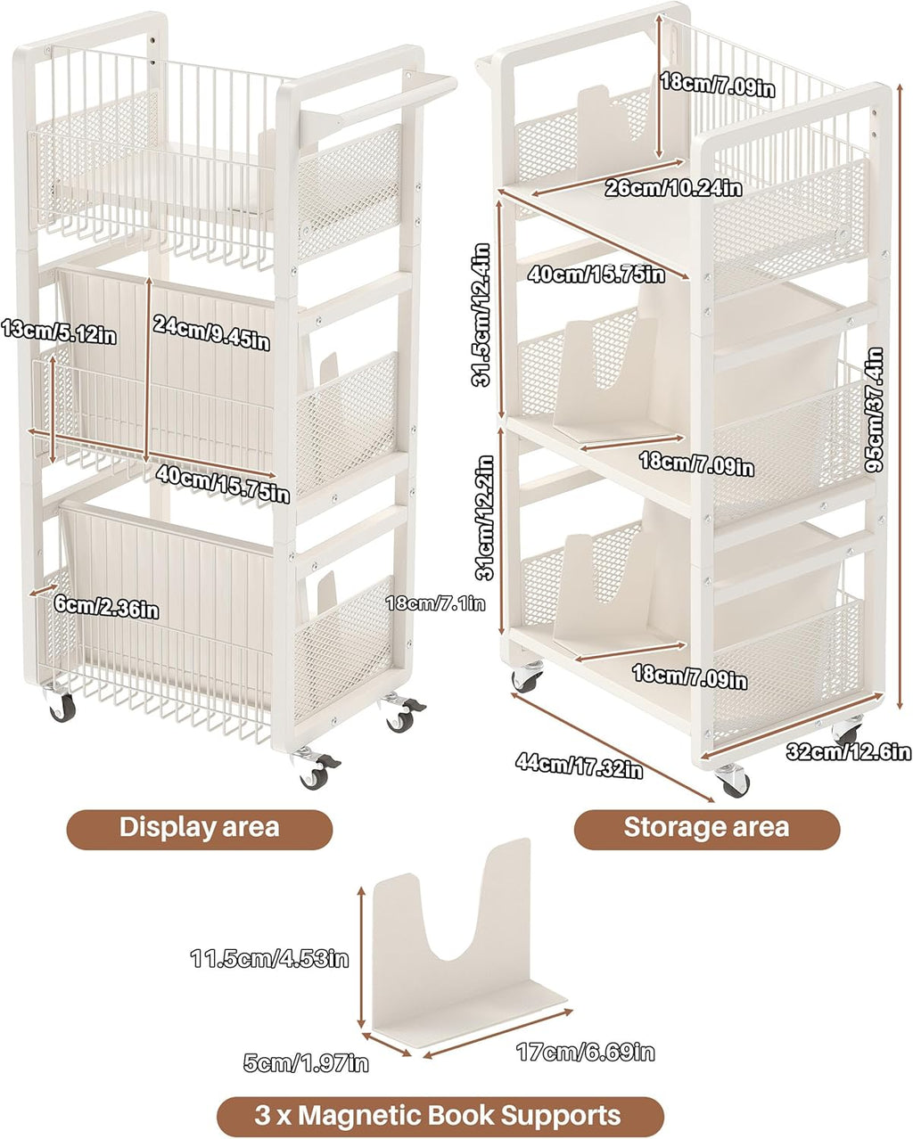 UMDONX Heavy-Duty Double-Sided Book Cart with Silent Wheels and 3 Magnetic Book Shelves, Rolling Book Shelf, Library Book Cart, Suitable for Home, Office, or School （White）-1