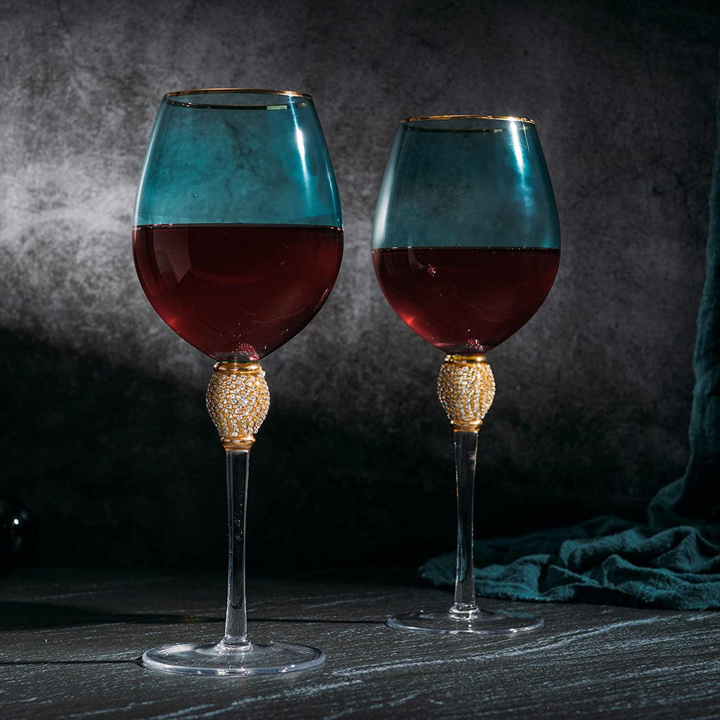Large Diamond Wine Glasses, 10" H Gold Rim (4, Blue)-3