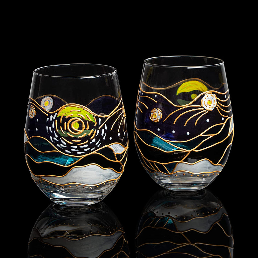 Vincent Van Gogh Wine Glasses Artisanal Hand Painted Stemless Set of 2-1