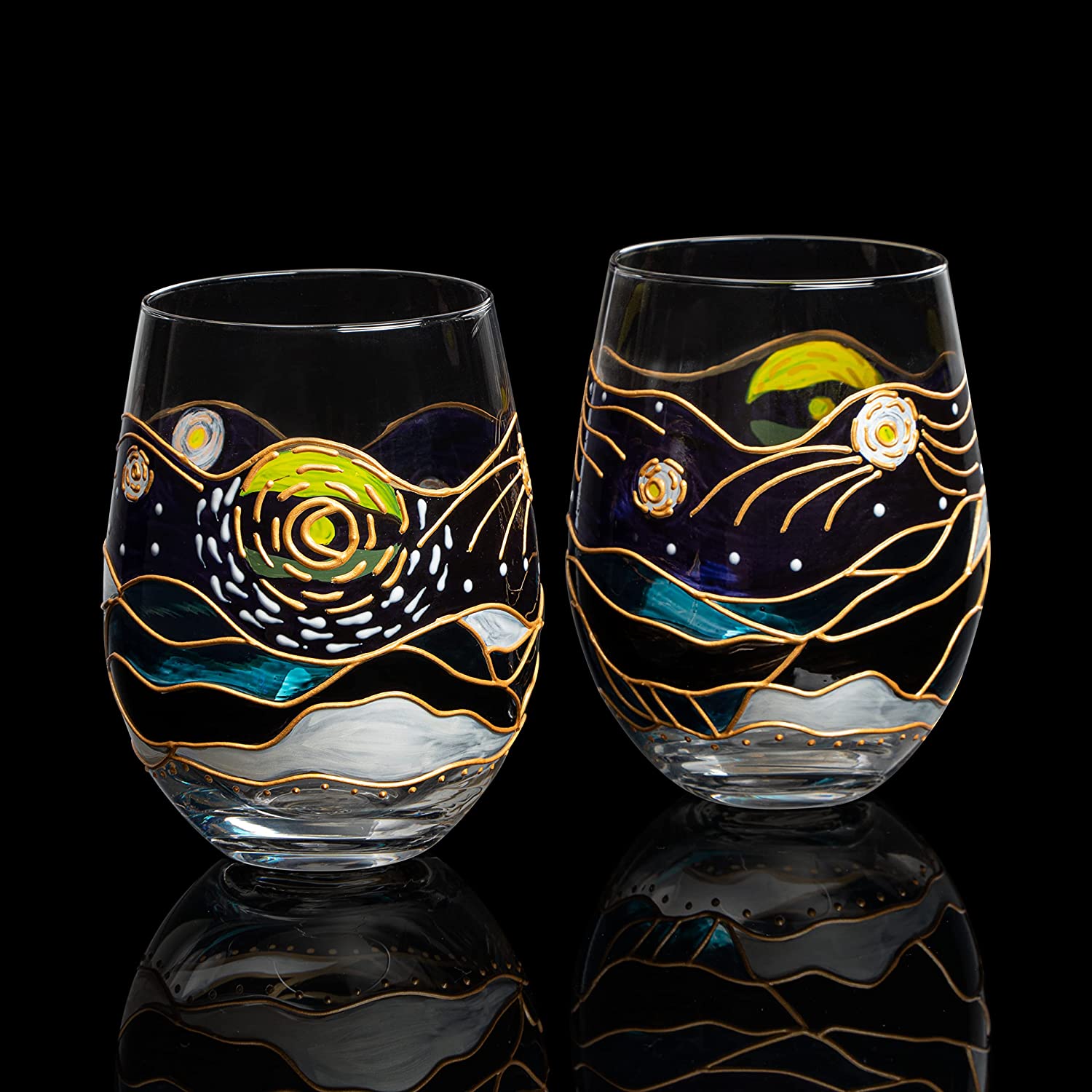 Vincent Van Gogh Wine Glasses Artisanal Hand Painted Stemless Set of 2-1