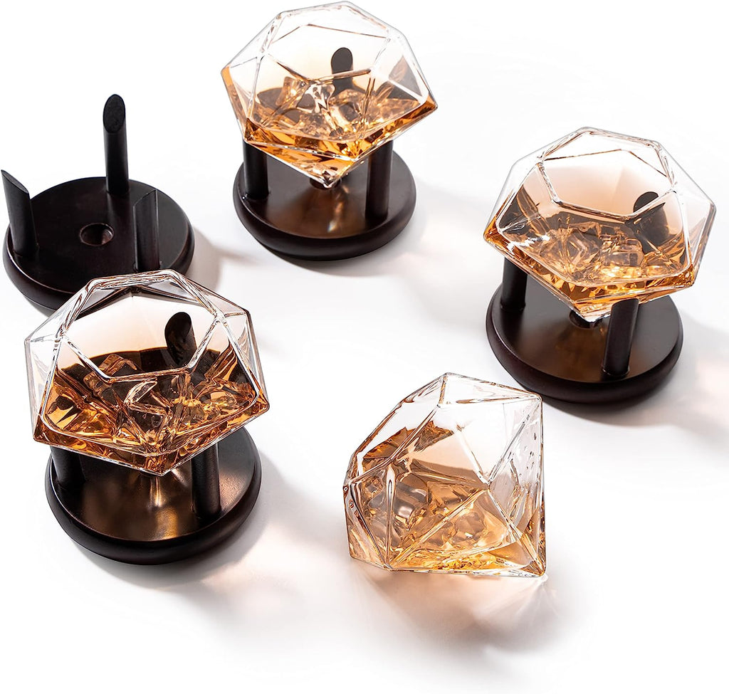 Set of 4 Diamond Whiskey & Wine Glasses With Wood Stands 10oz-4