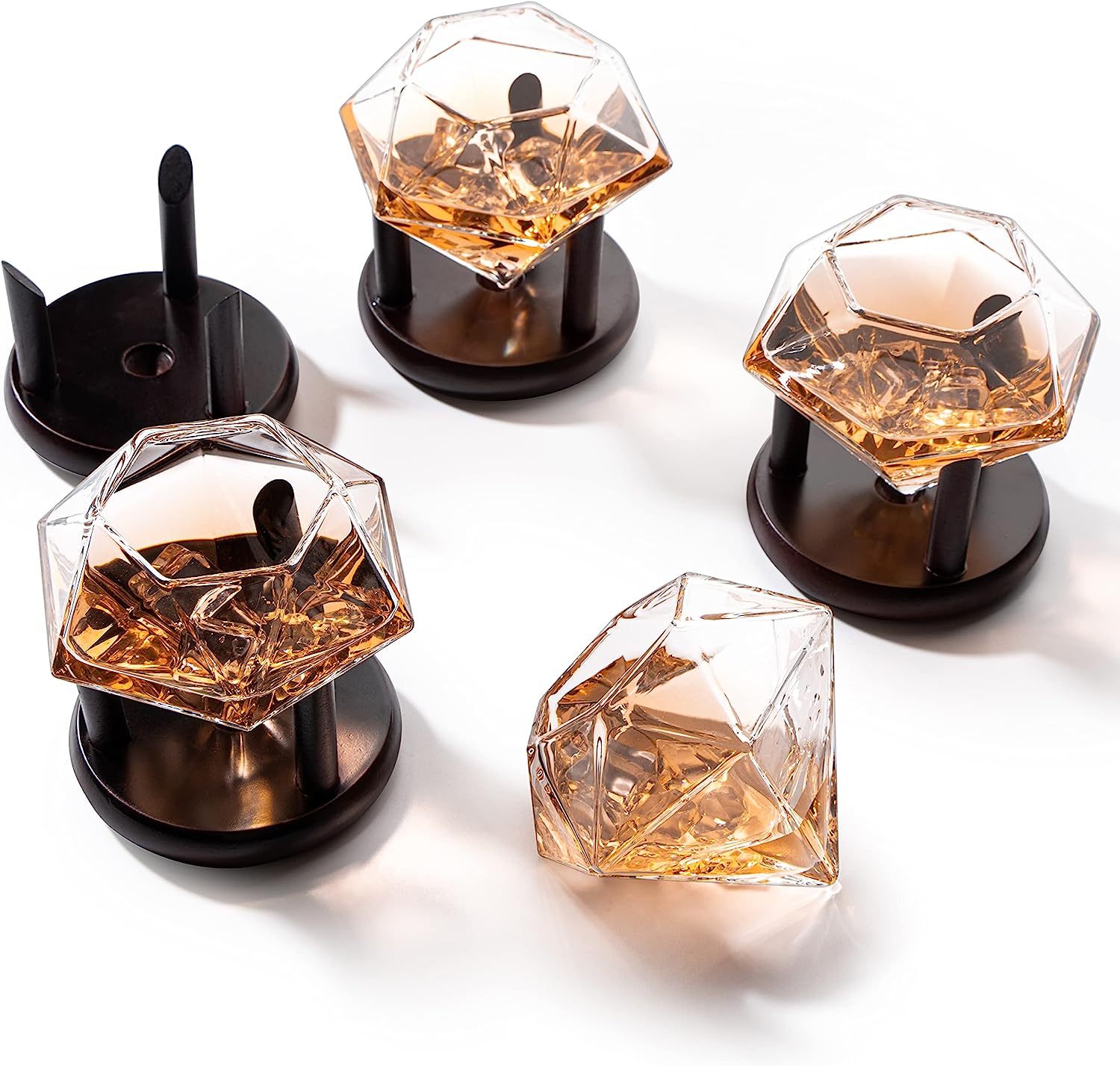 Set of 4 Diamond Whiskey & Wine Glasses With Wood Stands 10oz-4