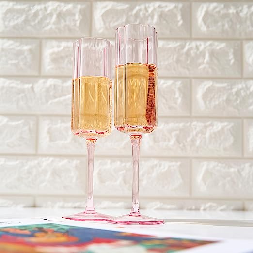 Flower Vintage Champagne Flute Glassware - Set of 2 - 7.4 oz (Pink)-2