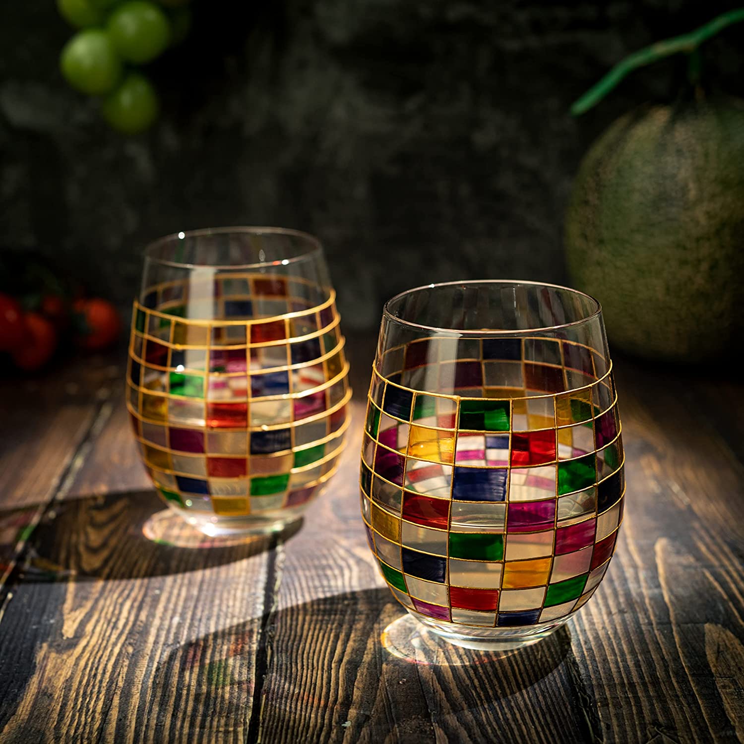 Renaissance Stained Wine Glasses Set of 2 (Stemless)