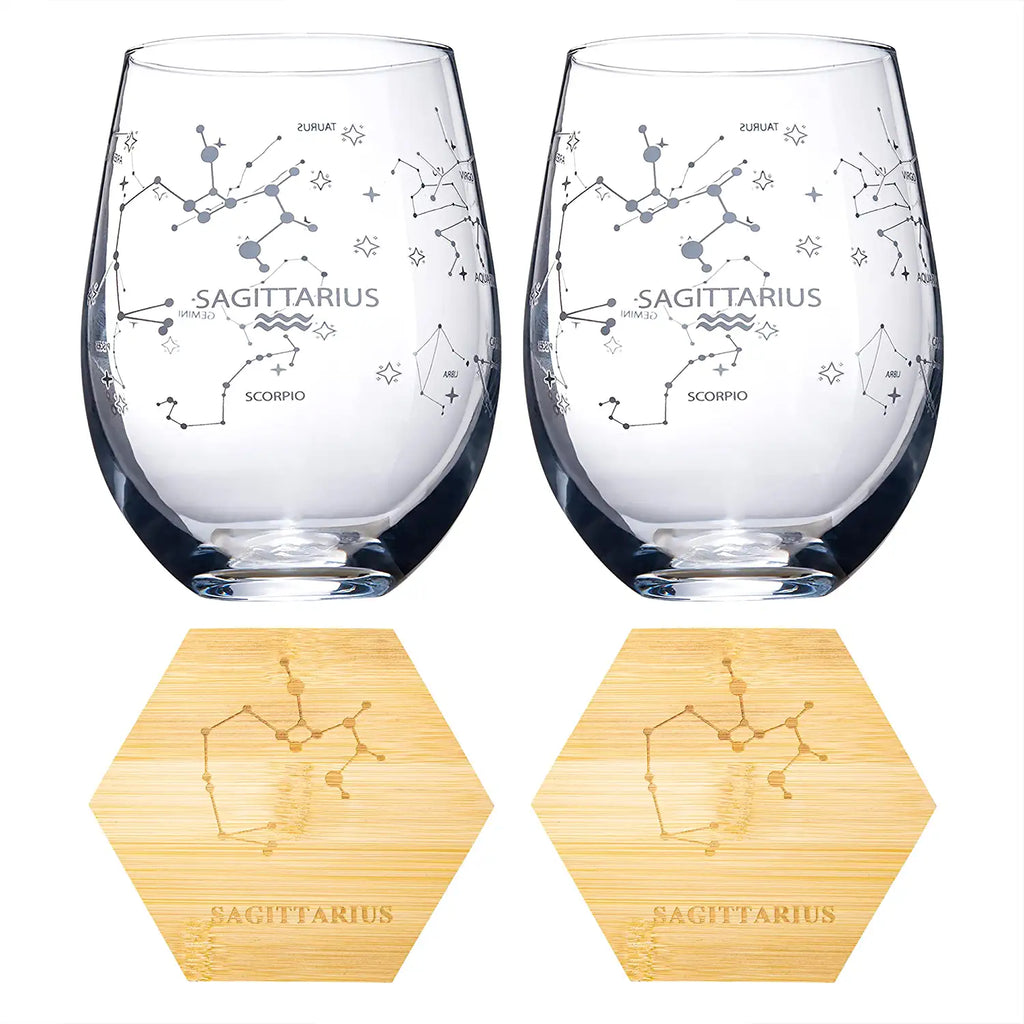 Set of 2 Zodiac Sign Wine Glasses with 2 Wooden Coasters (Sagittarius)-4