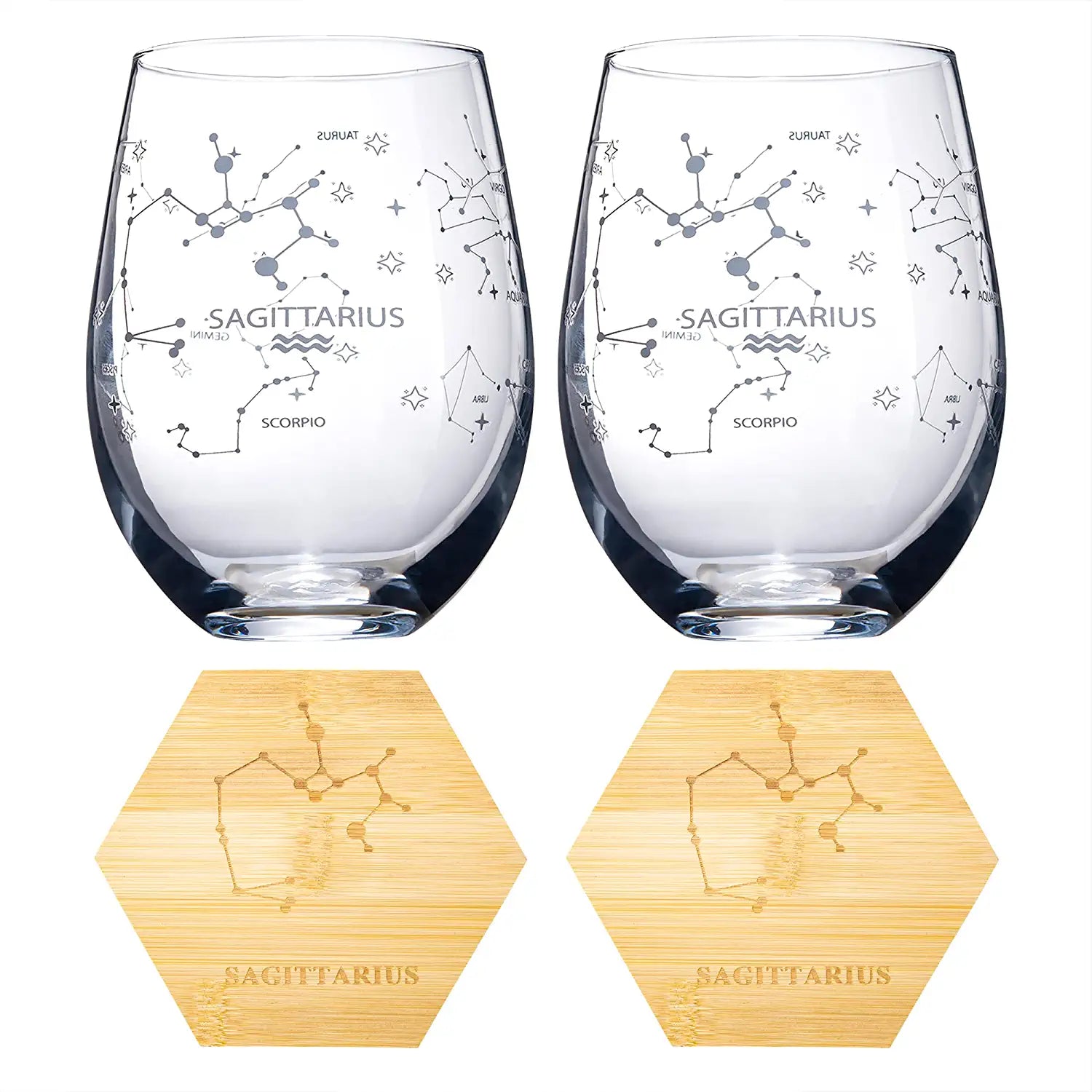 Set of 2 Zodiac Sign Wine Glasses with 2 Wooden Coasters (Sagittarius)-4