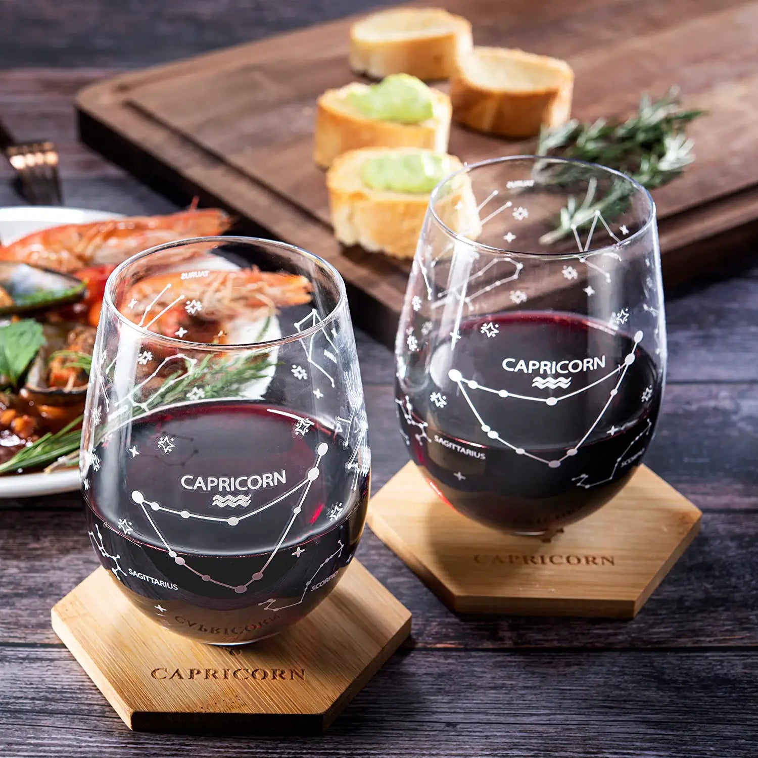 Set of 2 Zodiac Sign Wine Glasses with 2 Wooden Coasters (Capricorn)-1