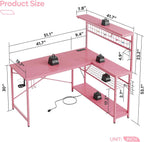 51 Inch L Shaped Gaming Desk Pink With Power Outlets And LED Lights-2