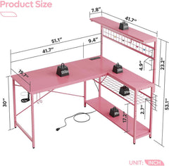 51 Inch L Shaped Gaming Desk Pink With Power Outlets And LED Lights-2