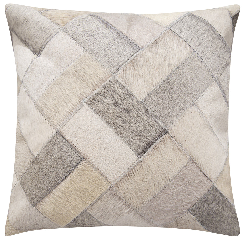 Genuine Cowhide Leather Decorative Throw Pillow - Gray and Ivory Diamond Patchwork, 20x20