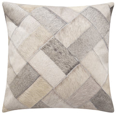Genuine Cowhide Leather Decorative Throw Pillow - Gray and Ivory Diamond Patchwork, 20x20