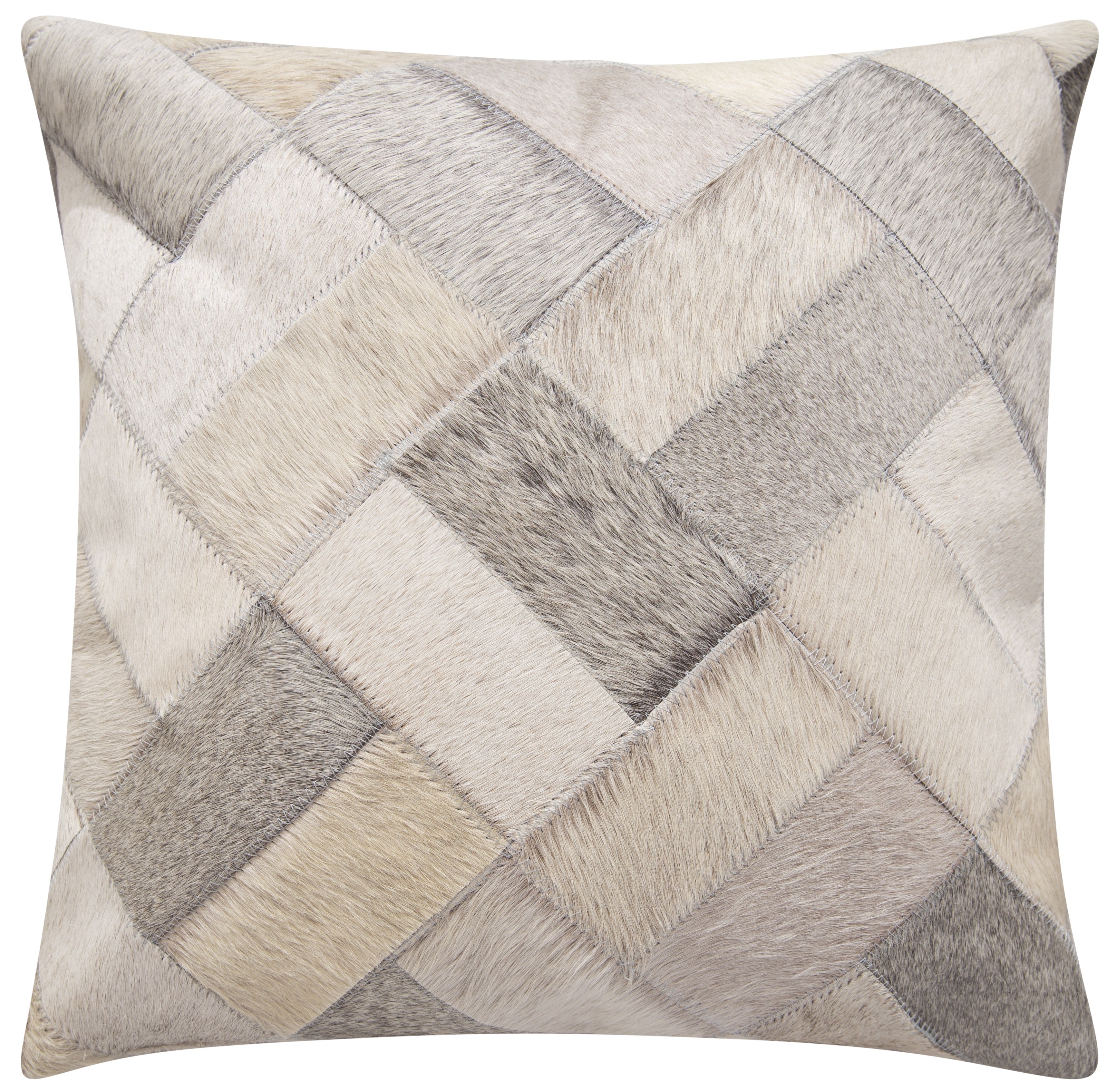 Genuine Cowhide Leather Decorative Throw Pillow - Gray and Ivory Diamond Patchwork, 20x20