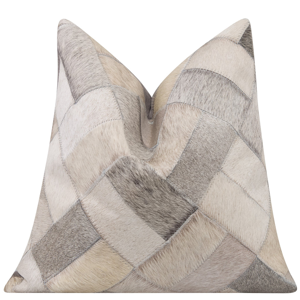Genuine Cowhide Leather Decorative Throw Pillow - Gray and Ivory Diamond Patchwork, 20x20