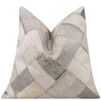 Genuine Cowhide Leather Decorative Throw Pillow - Gray and Ivory Diamond Patchwork, 20x20