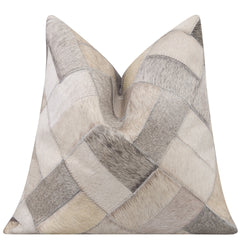 Genuine Cowhide Leather Decorative Throw Pillow - Gray and Ivory Diamond Patchwork, 20x20