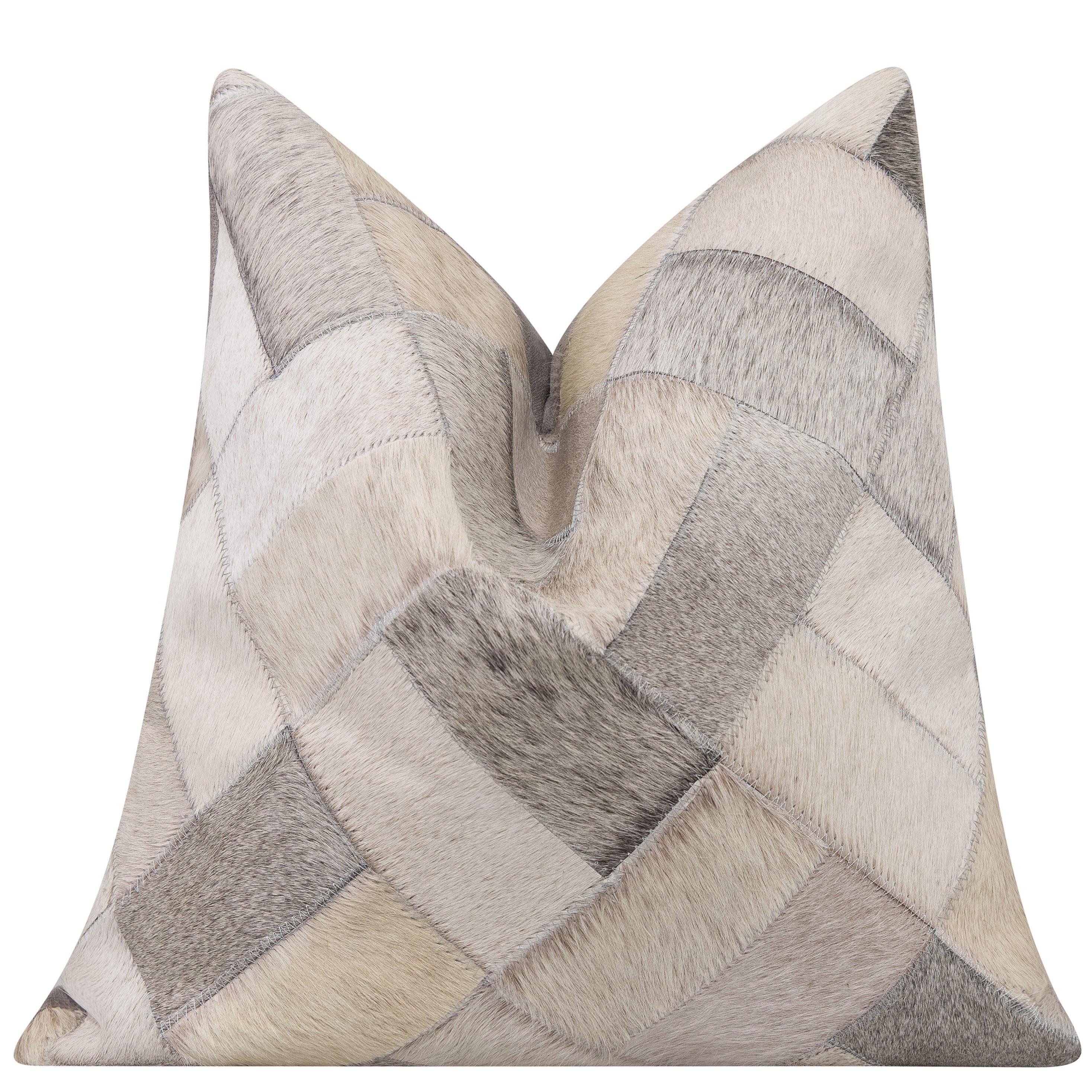 Genuine Cowhide Leather Decorative Throw Pillow - Gray and Ivory Diamond Patchwork, 20x20