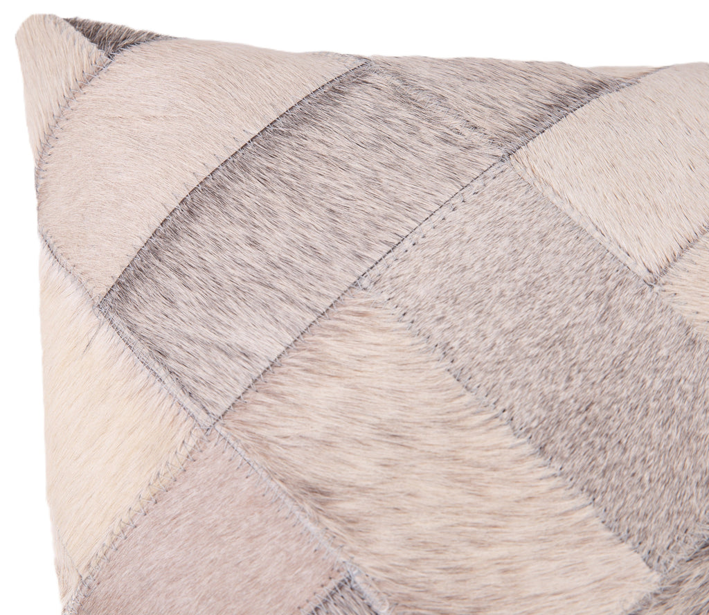 Genuine Cowhide Leather Decorative Throw Pillow - Gray and Ivory Diamond Patchwork, 20x20
