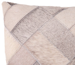 Genuine Cowhide Leather Decorative Throw Pillow - Gray and Ivory Diamond Patchwork, 20x20