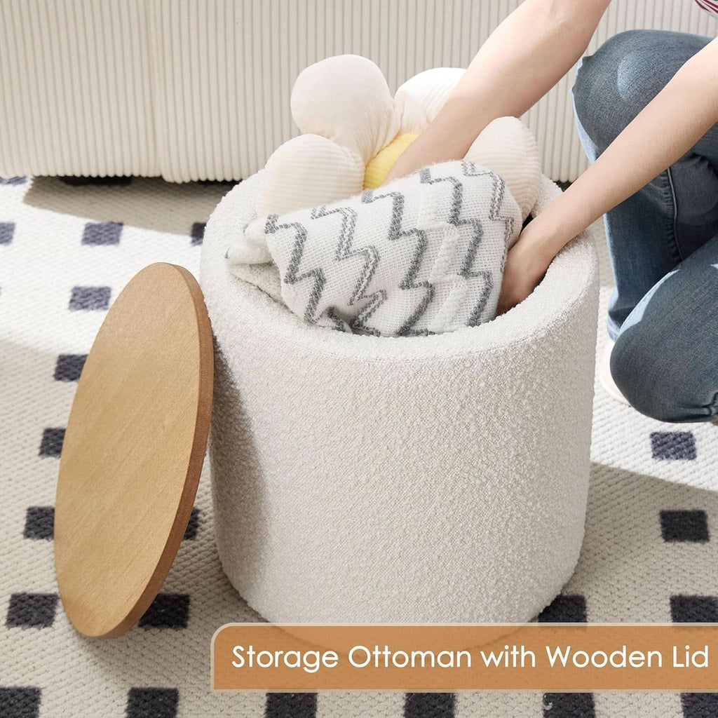 Circular Storage Ottoman Sixteen Inch White Boucle-4